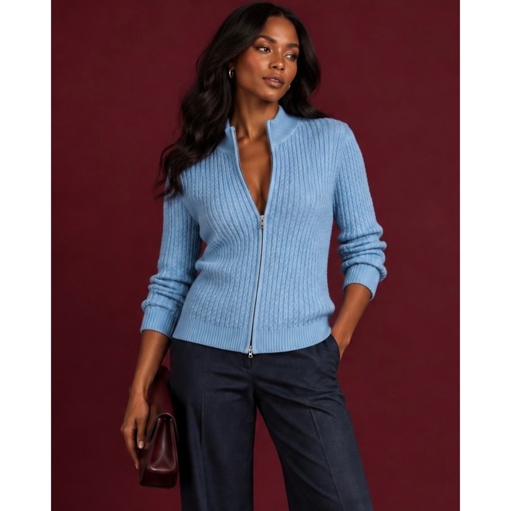Peter Millar Silk Cotton Cashmere Full Zip Cable Knit Sweater Blue Womens Large